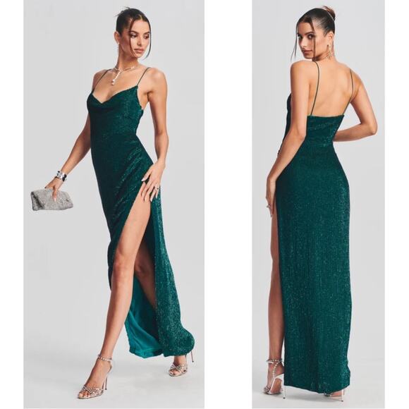 Retrofete Katya Sequin Cowl Neck Green Maxi Dress Size XS - Picture 4 of 13